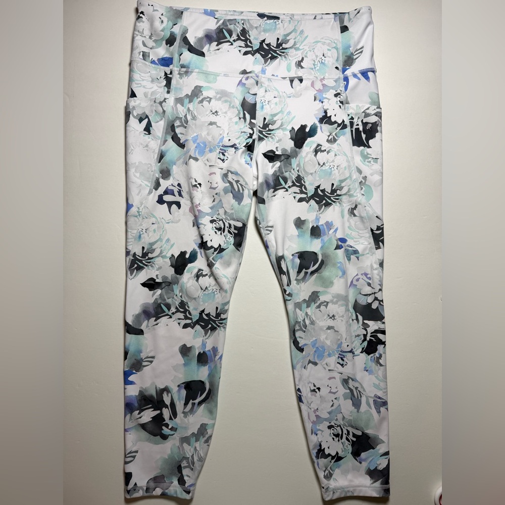 Athleta Floral Watercolor 7/8 Leggings white blue green high rise XLarge